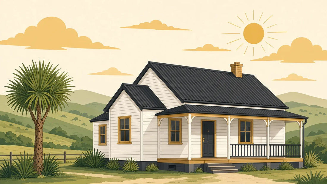Illustration of a New Zealand villa with a freshly painted charcoal corrugated iron roof, with a cabbage tree and green hills behind