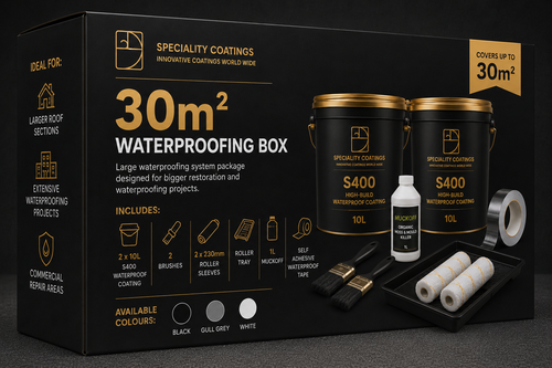 Specialty Coatings 30m2 Waterproofing Box kit shown in its retail packaging, featuring two black and gold 10L buckets, a bottle, a roll of tape, roller sleeves, and applicator brushes on a dark gray background.