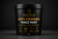 A 15L black plastic bucket of Speciality Coatings Anti-Cribbing Fence Paint, featuring gold and white text on a dark background.