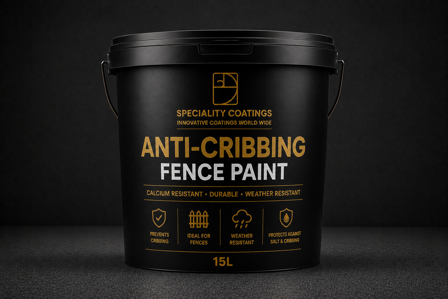 A 15L black plastic bucket of Speciality Coatings Anti-Cribbing Fence Paint, featuring gold and white text on a dark background.