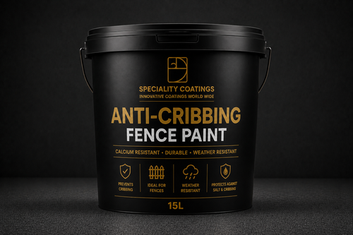A 15L black plastic bucket of Speciality Coatings Anti-Cribbing Fence Paint, featuring gold and white text on a dark background.