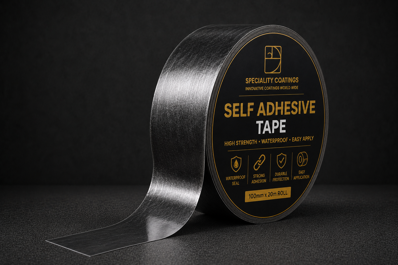 A roll of self-adhesive tape with a brushed metallic silver surface, shown on a dark background. The circular label is black with gold text and icons, and a strip of the tape is unrolled to the left.