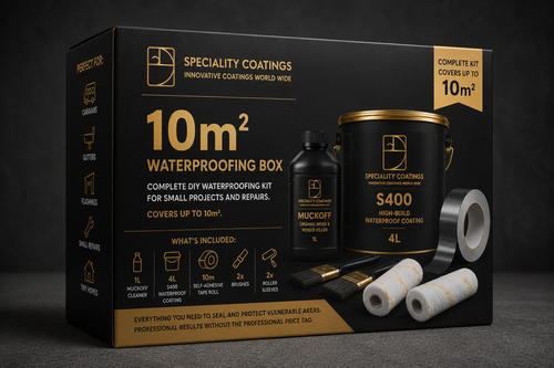 Specialty Coatings waterproofing kit packaging on a dark background