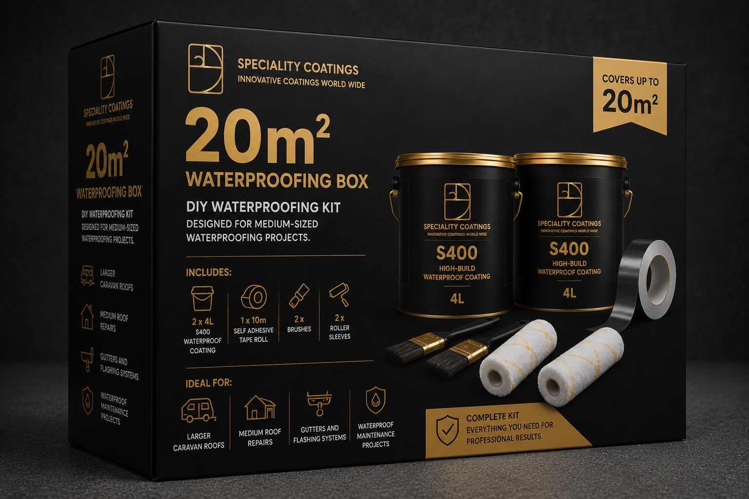 Specialty Coatings waterproofing kit packaging with cans and tools on a dark background