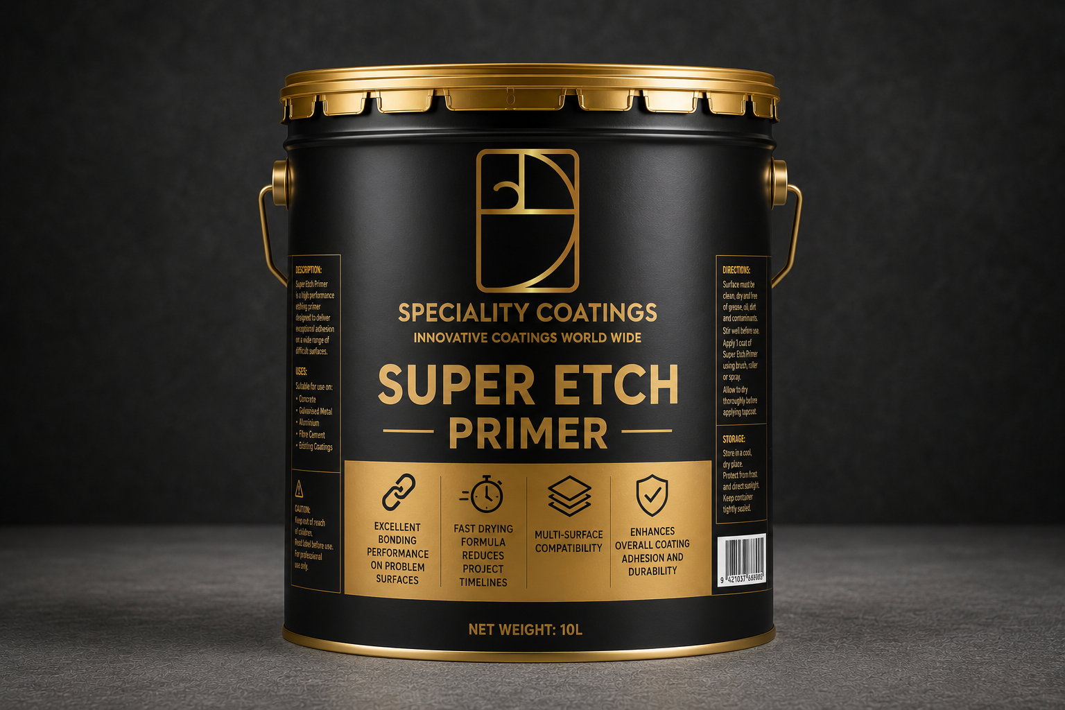 Black and gold canister of Super Etch Primer with 'Specialty Coatings' branding on a dark background.